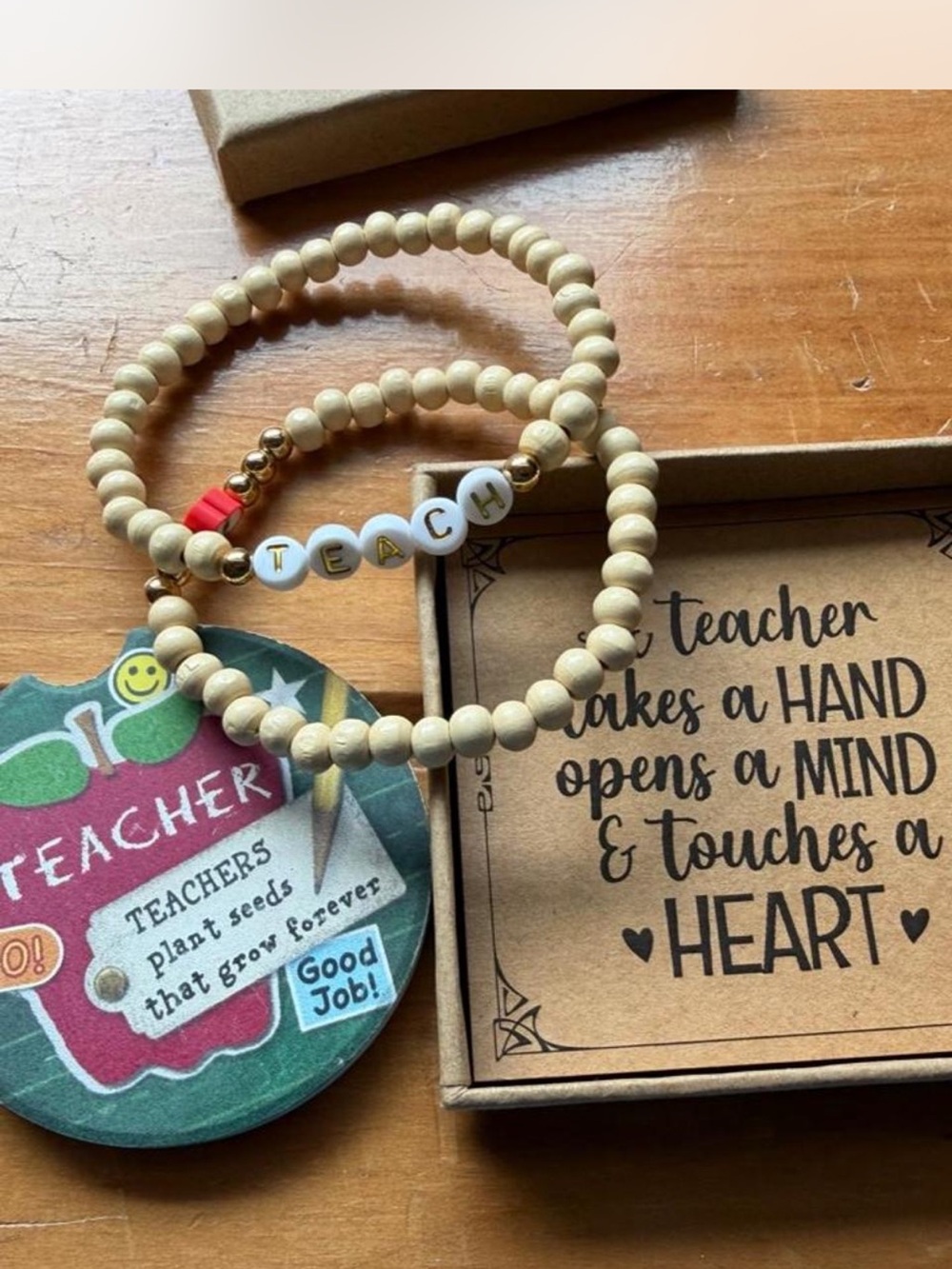 Teacher Bead Stack Bracelet Set in Natural Wood and Gold Accents and coaster